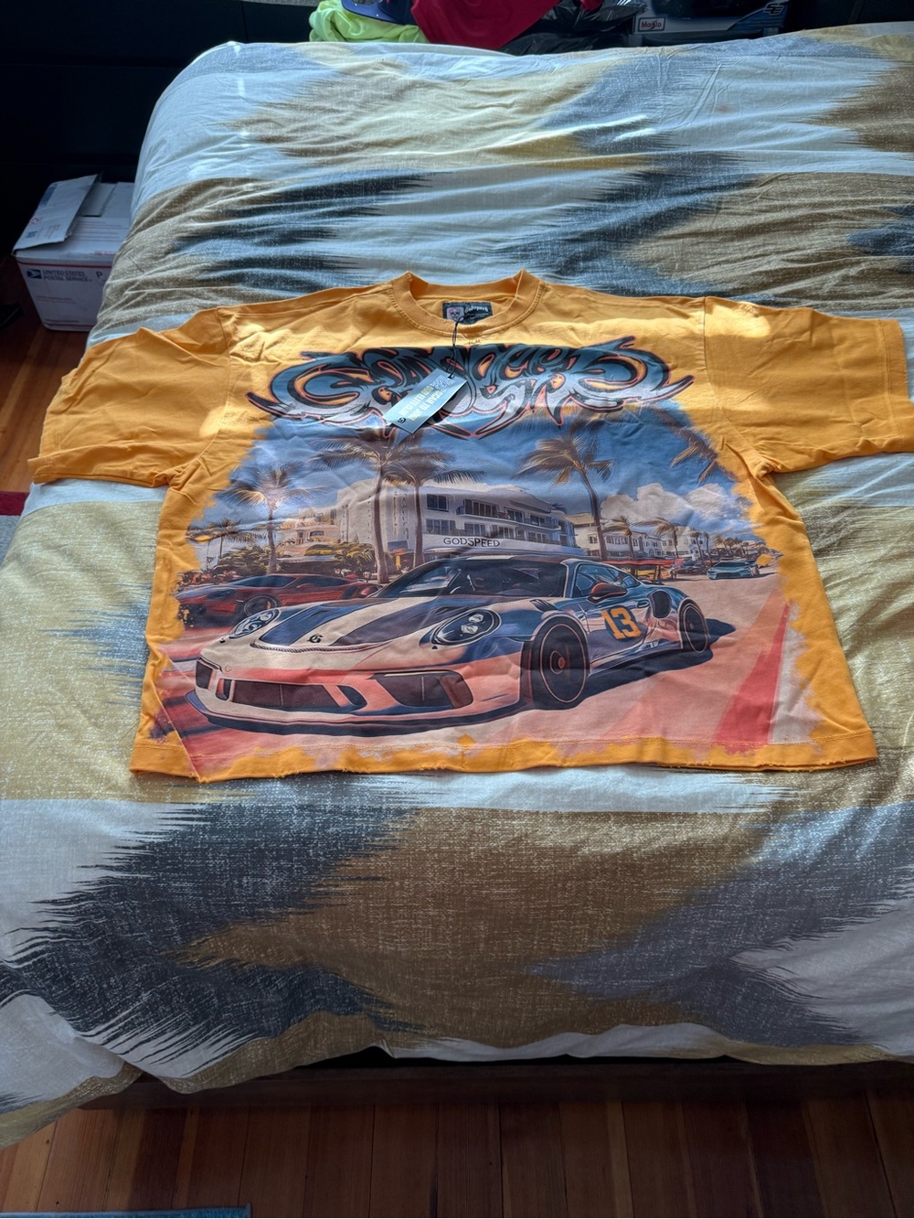 Godspeed Miami Exclusive Yellow Graphic Racing Porsche Tee Coastal Scene Size M